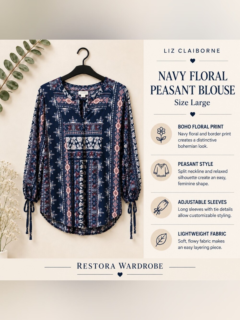 Liz Claiborne Peasant Blouse Navy Floral Split Neck Tie Sleeve L Boho